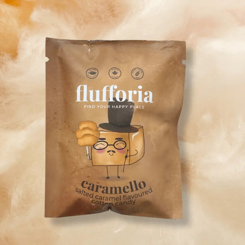 Package of Flufforia’s cotton candy, caramel flavour, brown package - cotton candy background - PABOOM