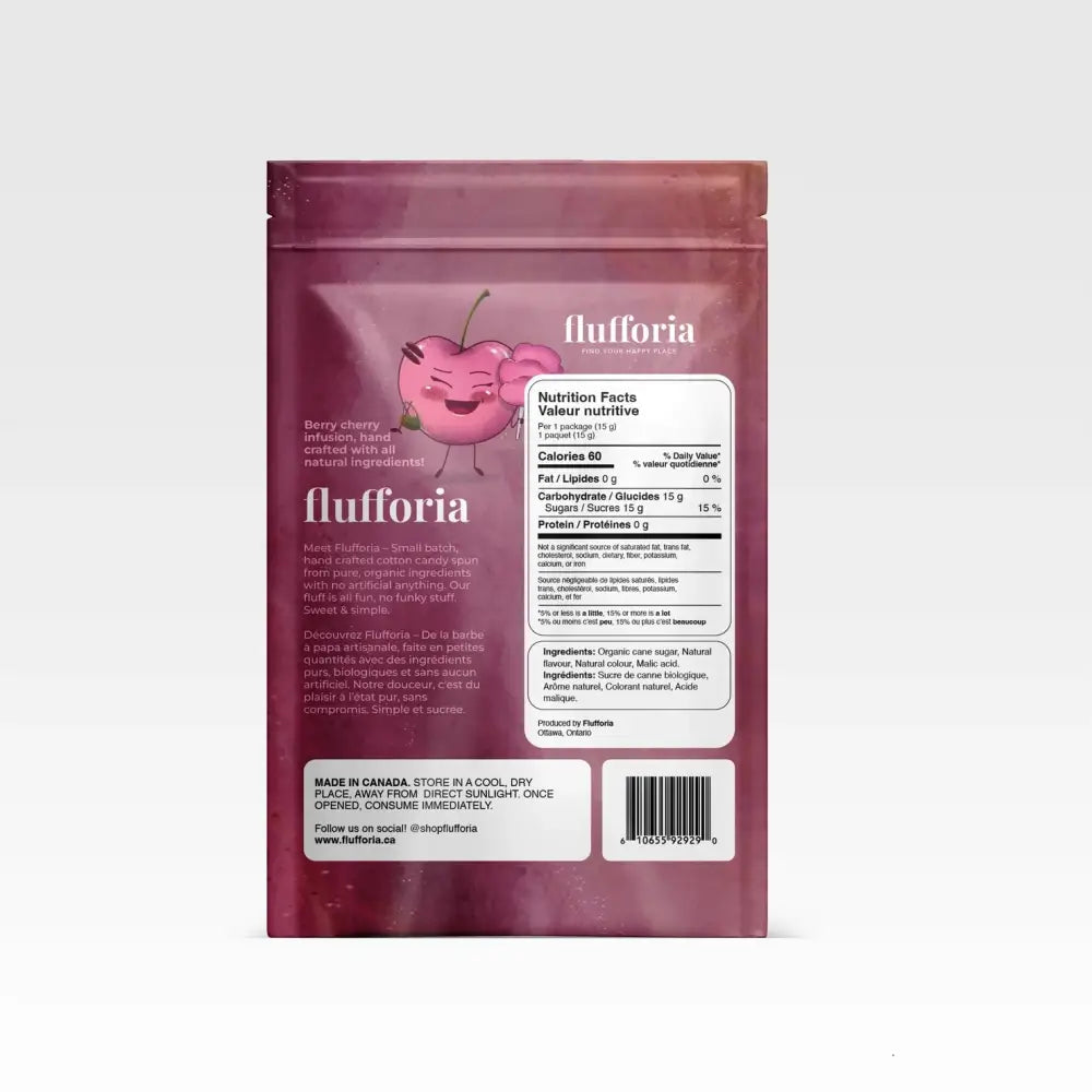 Package of Flufforia’s cotton candy, cherryanne flavour, purple package. Backside with Nutrition Facts and Ingredients - PABOOM