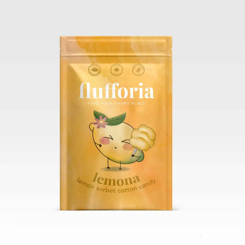 Package of Flufforia’s cotton candy, lemona flavour, yellow package - PABOOM