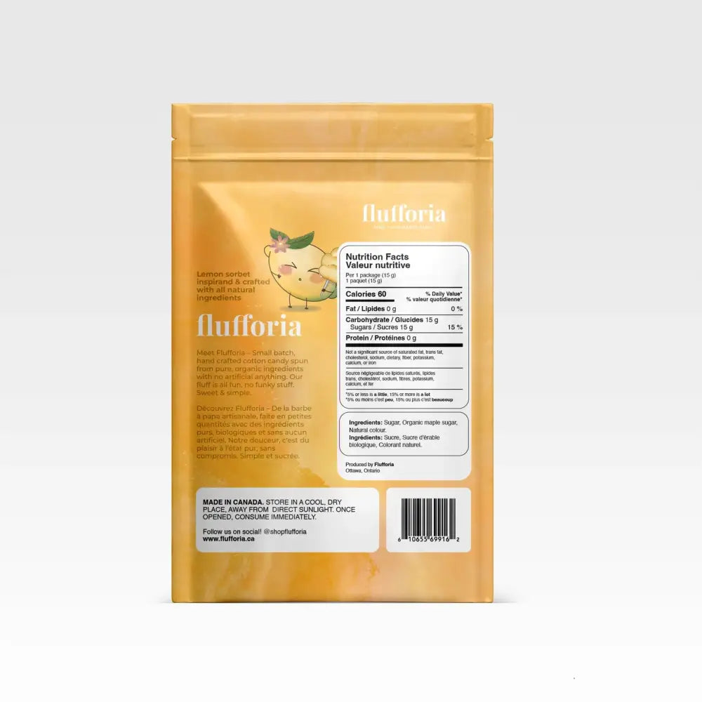 Package of Flufforia’s cotton candy, lemona flavour, yellow package, backside with nutrition facts and ingredients - PABOOM