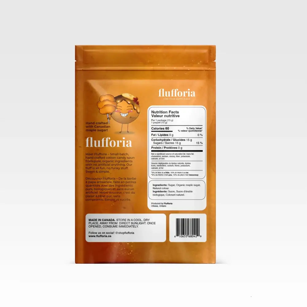 Package of Flufforia’s cotton candy, Maplelynn flavour, brown package. backside with nutrition facts and ingredients- PABOOM