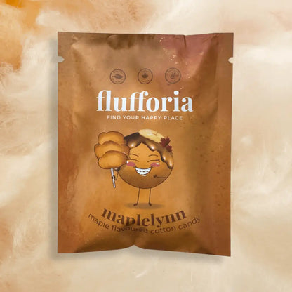 Package of Flufforia’s cotton candy, Maplelynn flavour, brown package. Cotton candy background - PABOOM