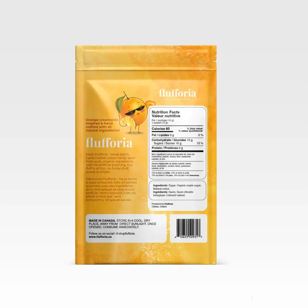 Package of Flufforia’s cotton candy, orangetta flavour, brown package, backside with nutrition facts and ingredients - PABOOM
