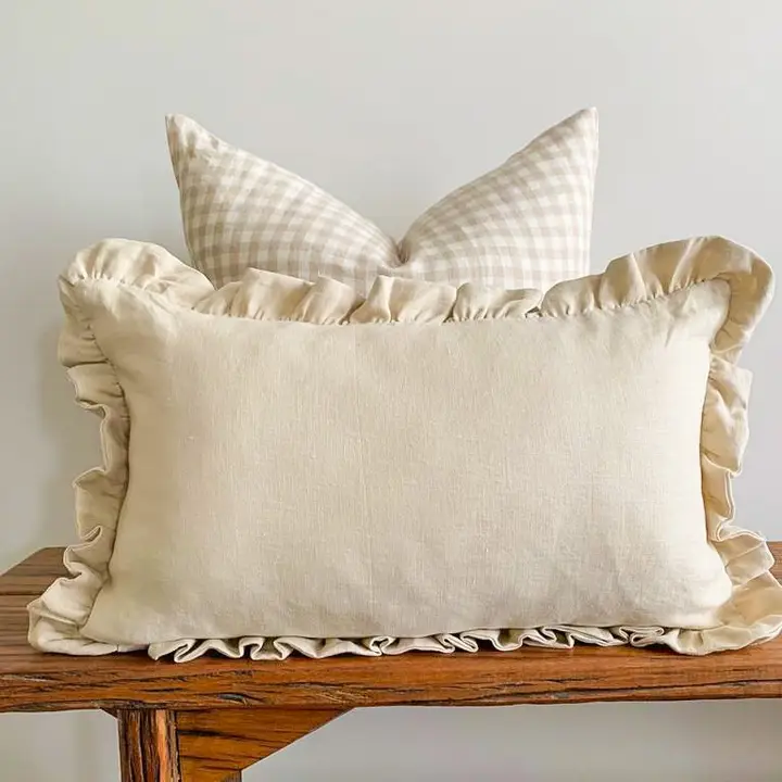 Linen Lumbar Ruffle Cushion Cover Oatmeal