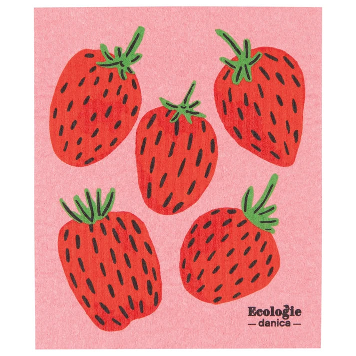 Pink Swedish dishcloth printed with an illustrated pattern of five red strawberries – PABOOM