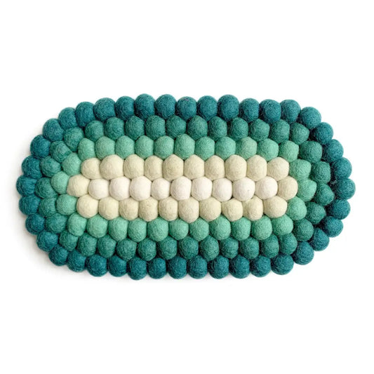 Hamro Village - Felted Wool Ball Oval Trivet Jade/Ivory