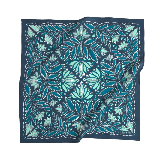 Handker Bandanas Carly Bandana square silk scarf pattern teal