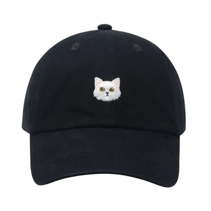 HATPHILE - Black Soft Baseball Cap With White Cat - black baseball cap cat embroidery