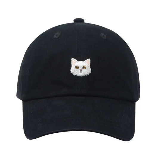 Black Soft Baseball Cap With White Cat - Black