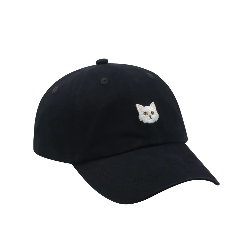 Black Soft Baseball Cap With White Cat - Black