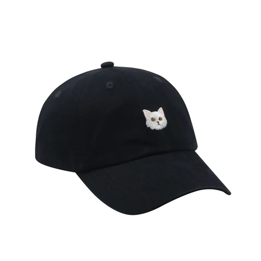 Black Soft Baseball Cap With White Cat - Black
