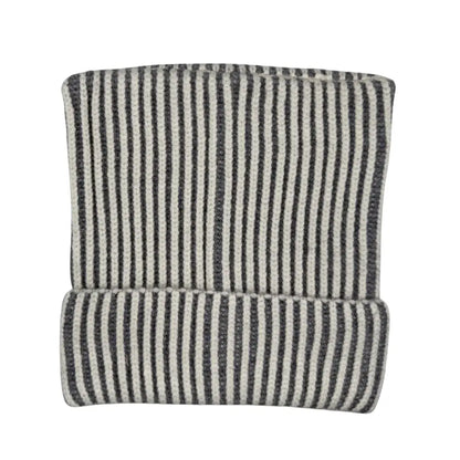 Cat Ear Square Ribbed Beanie - Ivory Gray Stripe
