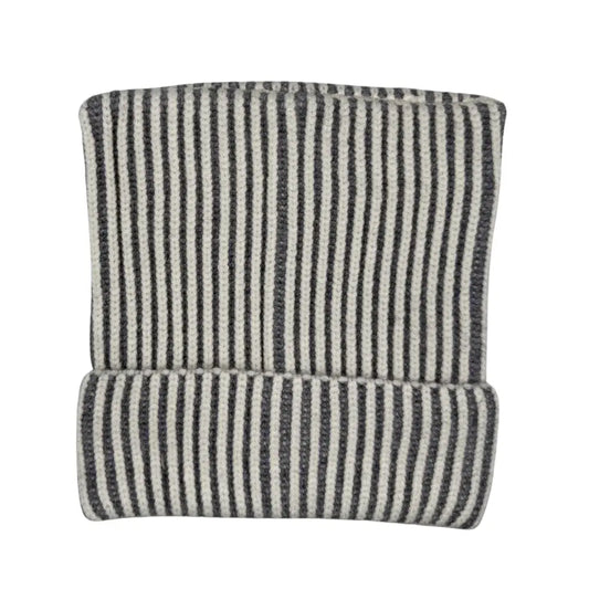 Cat Ear Square Ribbed Beanie - Ivory Gray Stripe