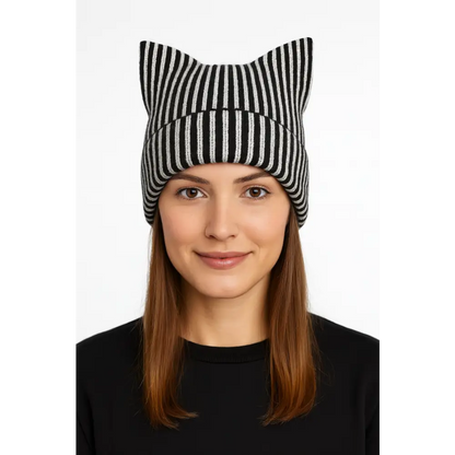 Cat Ear Square Ribbed Beanie - Black White Stripe