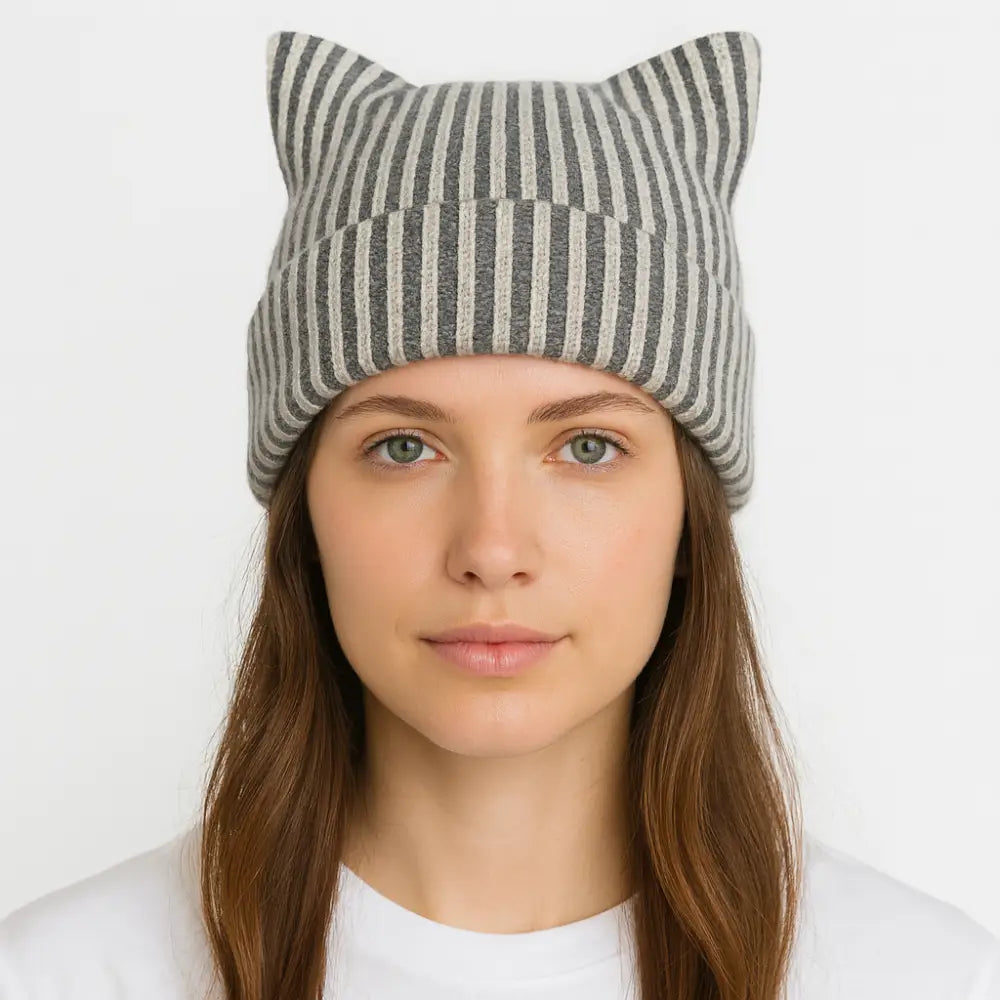 Cat Ear Square Ribbed Beanie - Ivory Gray Stripe