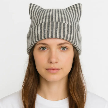 Cat Ear Square Ribbed Beanie - Ivory Gray Stripe