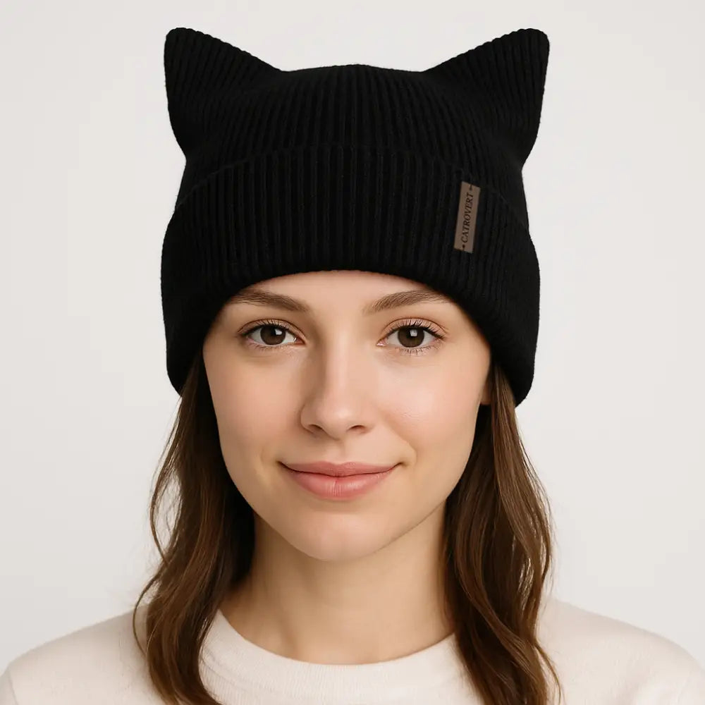 HATPHILE - Cat-Ear Square Ribbed Beanie Black