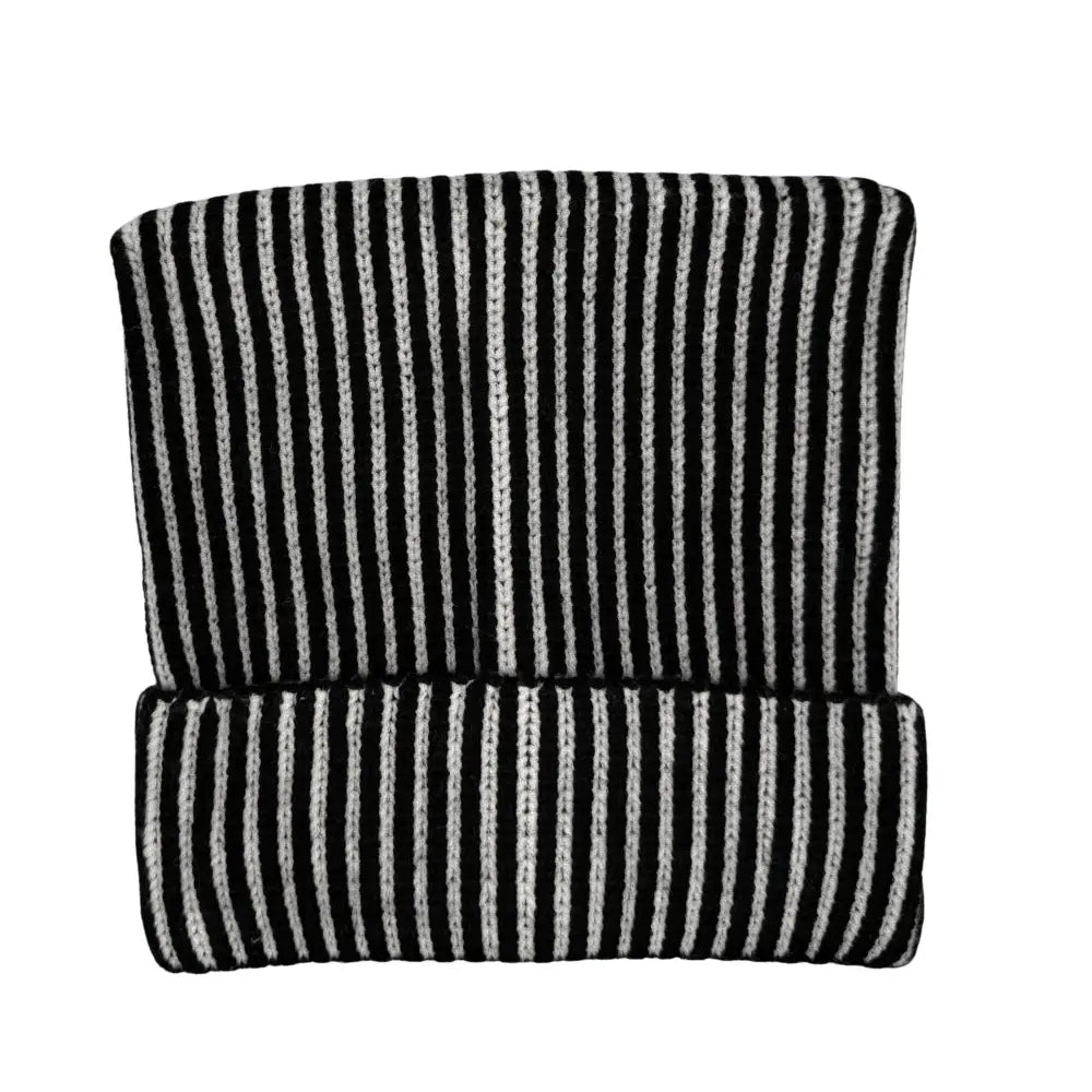 Cat Ear Square Ribbed Beanie - Black White Stripe