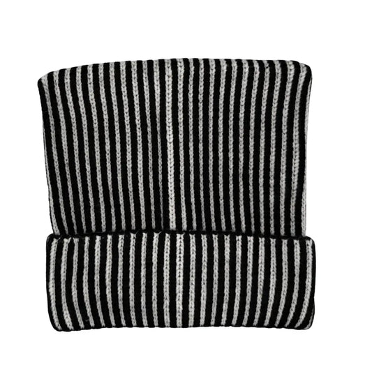 Cat Ear Square Ribbed Beanie - Black White Stripe