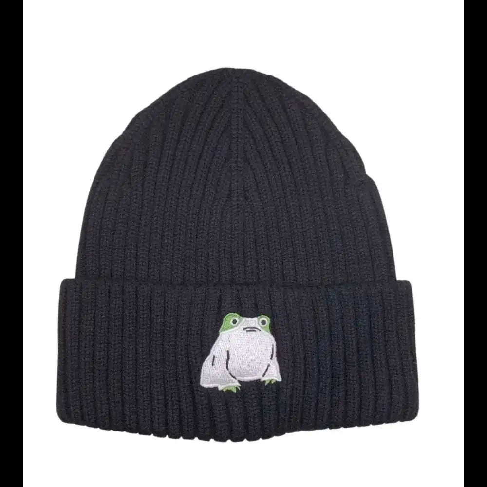 HATPHILE - Black - black knit beanie frog embroidery