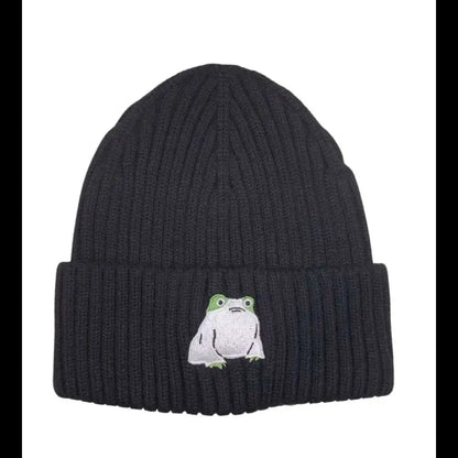 HATPHILE - Black - black knit beanie frog embroidery