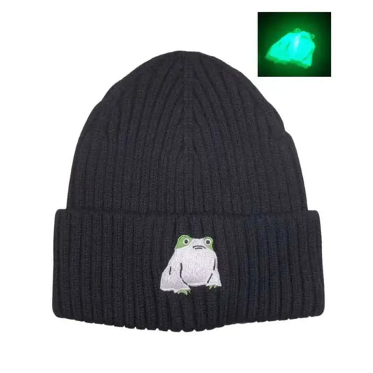 HATPHILE - Black - black knit beanie frog embroidery