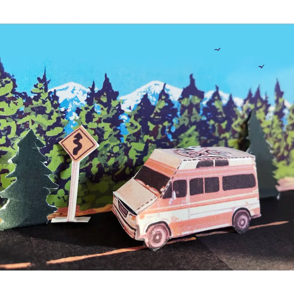 Hissing Mink - Build Your Own West Coast Road Trip Postcard - papercraft pink white camper van