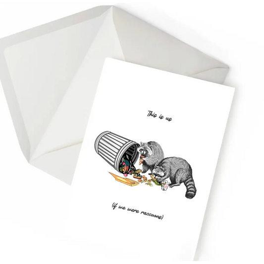 Hissing Mink - Raccoons in Trash Card - white card illustration two raccoons