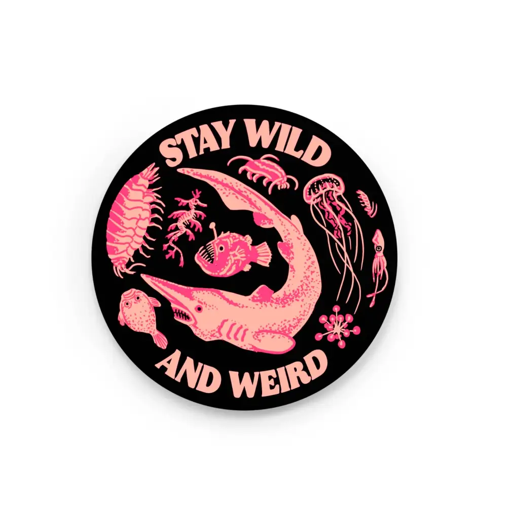 Hissing Mink - Stay Wild and Weird Deep Sea Stickler - round black sticker pink illustrations