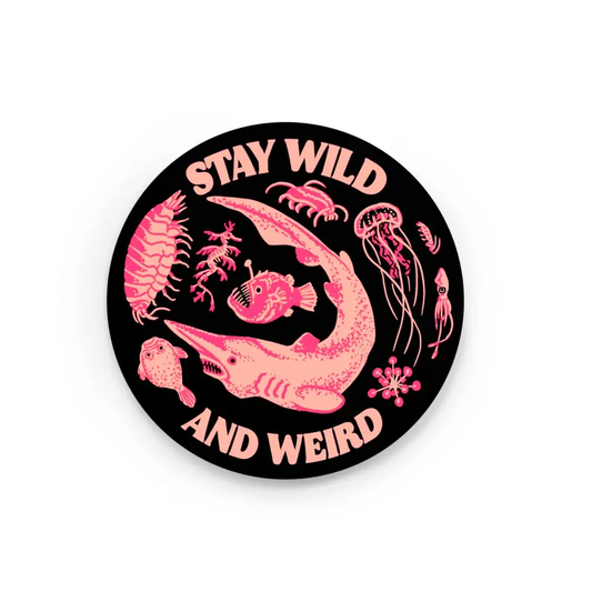 Hissing Mink - Stay Wild and Weird Deep Sea Stickler - round black sticker pink illustrations