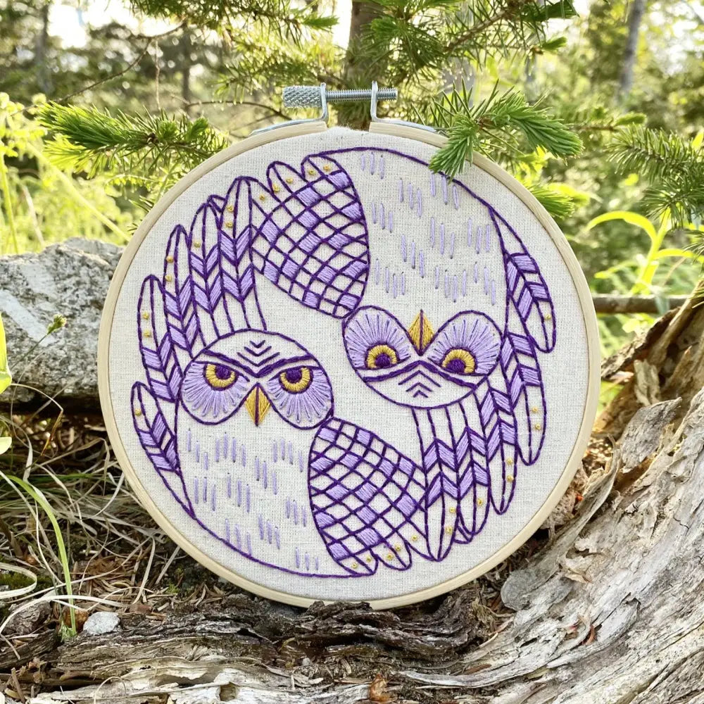 Hook Line & Tinker Embroidery Kits - Burrowing Owls Complete Kit - embroidered owl yin-yang design