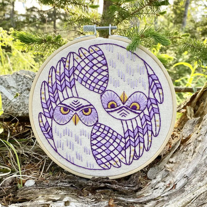 Hook Line & Tinker Embroidery Kits - Burrowing Owls Complete Kit - embroidered owl yin-yang design