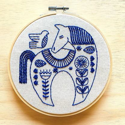 Hook Line & Tinker Embroidery Kits - Hygge Horse Complete Kit - blue embroidered folk art horse