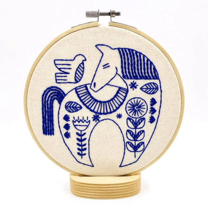 Hook Line & Tinker Embroidery Kits - Hygge Horse Complete Kit - blue embroidered horse bird wooden