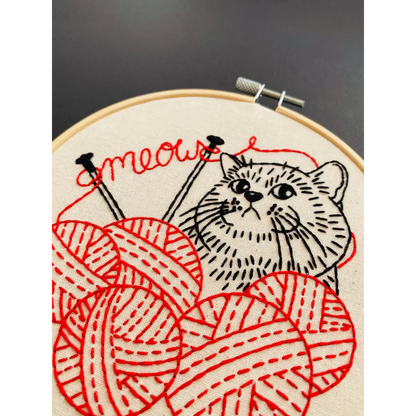 Hook Line & Tinker Embroidery Kits - Kitten with Knitting Complete Kit - embroidered cat yarn balls