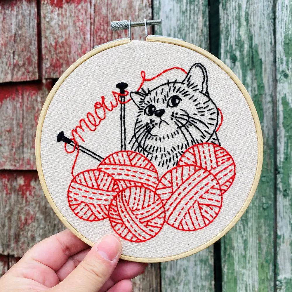 Hook Line & Tinker Embroidery Kits - Kitten with Knitting Complete Kit - embroidered cat yarn