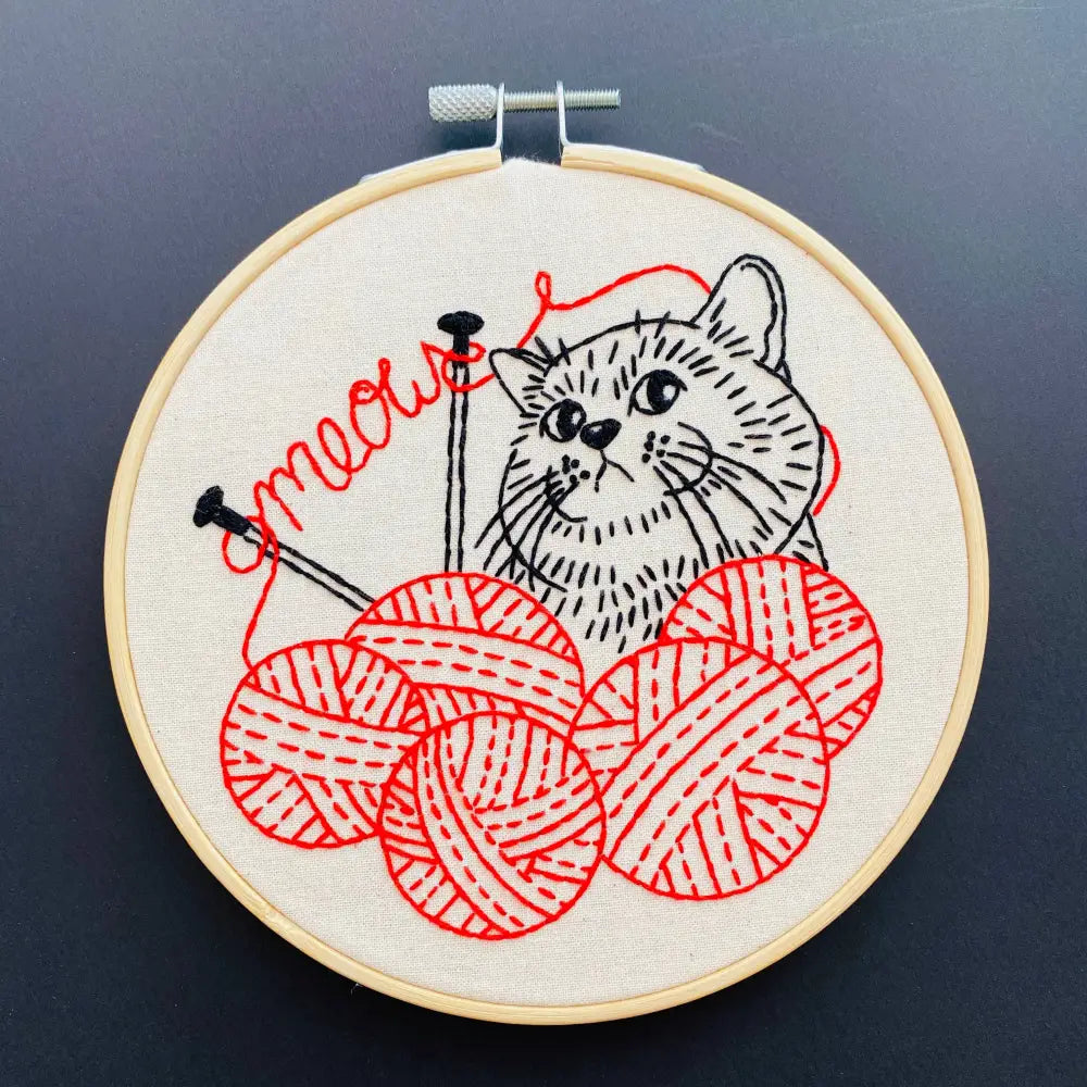 Hook Line & Tinker Embroidery Kits - Kitten with Knitting Complete Kit - embroidered cat yarn
