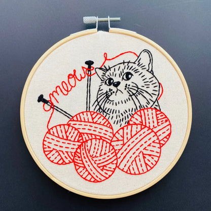 Hook Line & Tinker Embroidery Kits - Kitten with Knitting Complete Kit - embroidered cat yarn