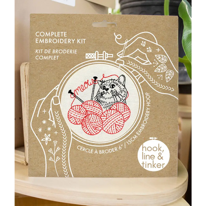 Hook Line & Tinker Embroidery Kits - Kitten with Knitting Complete Kit - complete embroidery kit cat design