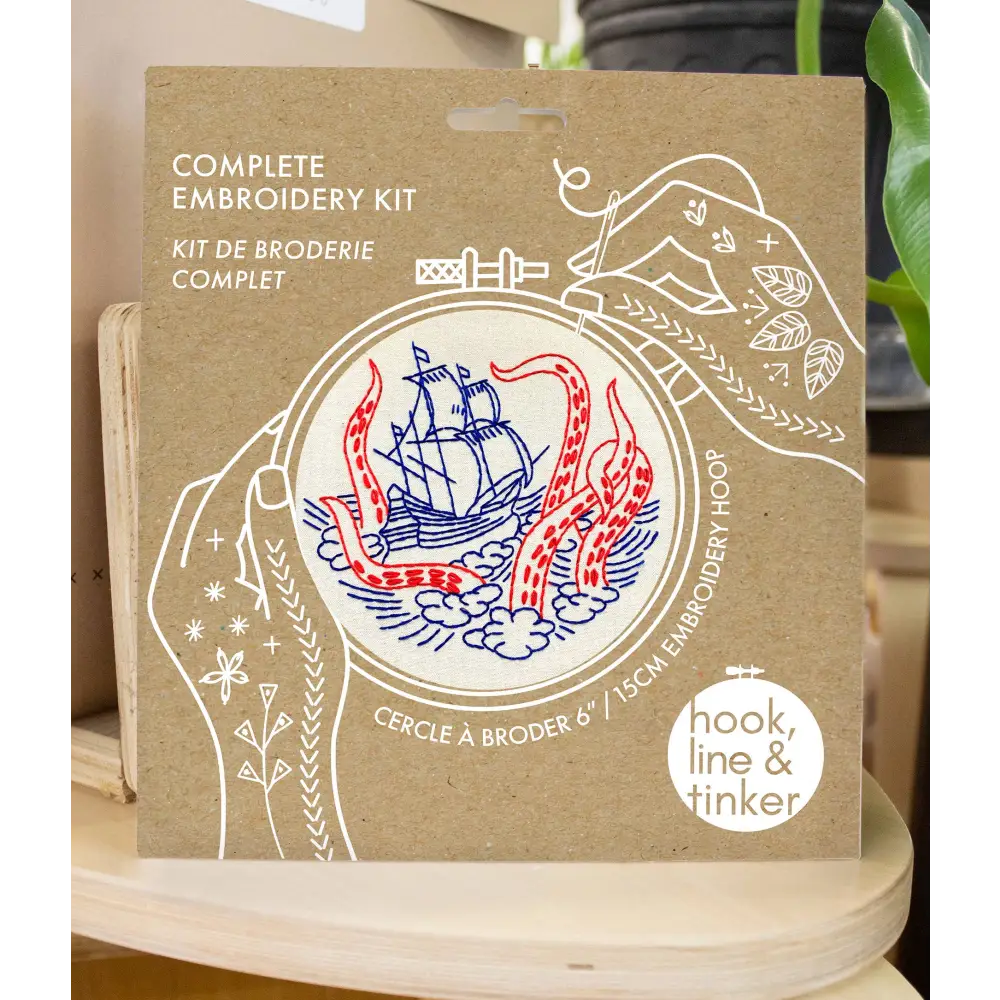 Hook Line & Tinker Embroidery Kits - Kraken and Ship Complete Kit - embroidery kit ship octopus design
