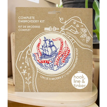 Hook Line & Tinker Embroidery Kits - Kraken and Ship Complete Kit - embroidery kit ship octopus design