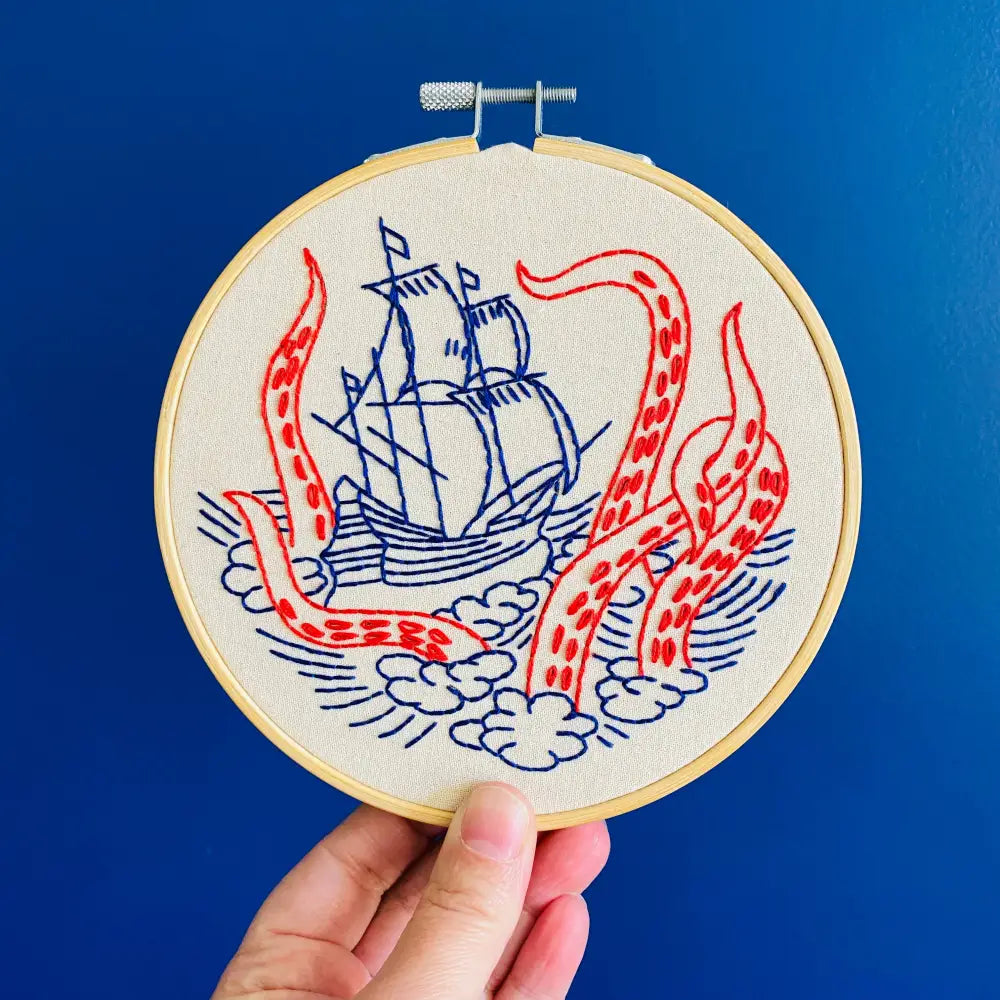 Hook Line & Tinker Embroidery Kits - Kraken and Ship Complete Kit - embroidered kraken ship