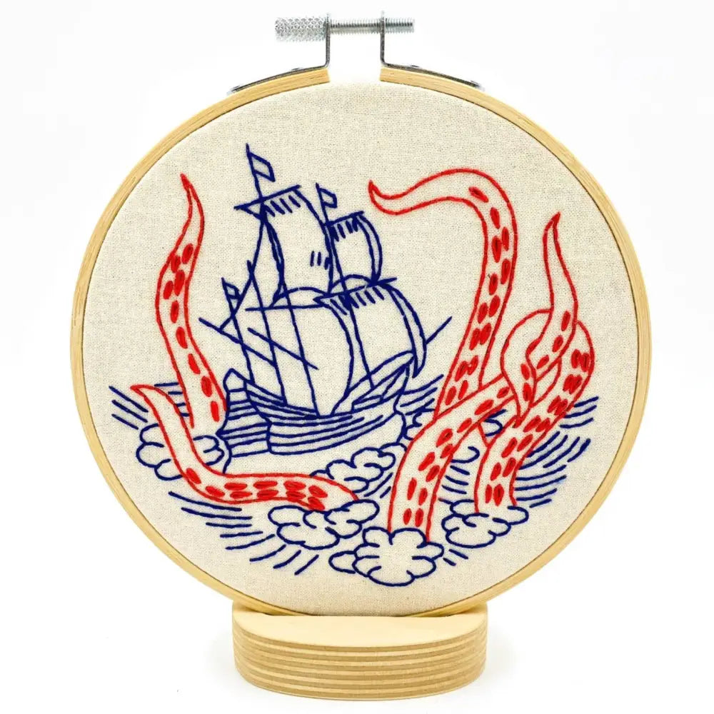 Hook Line & Tinker Embroidery Kits - Kraken and Ship Complete Kit - embroidered kraken ship
