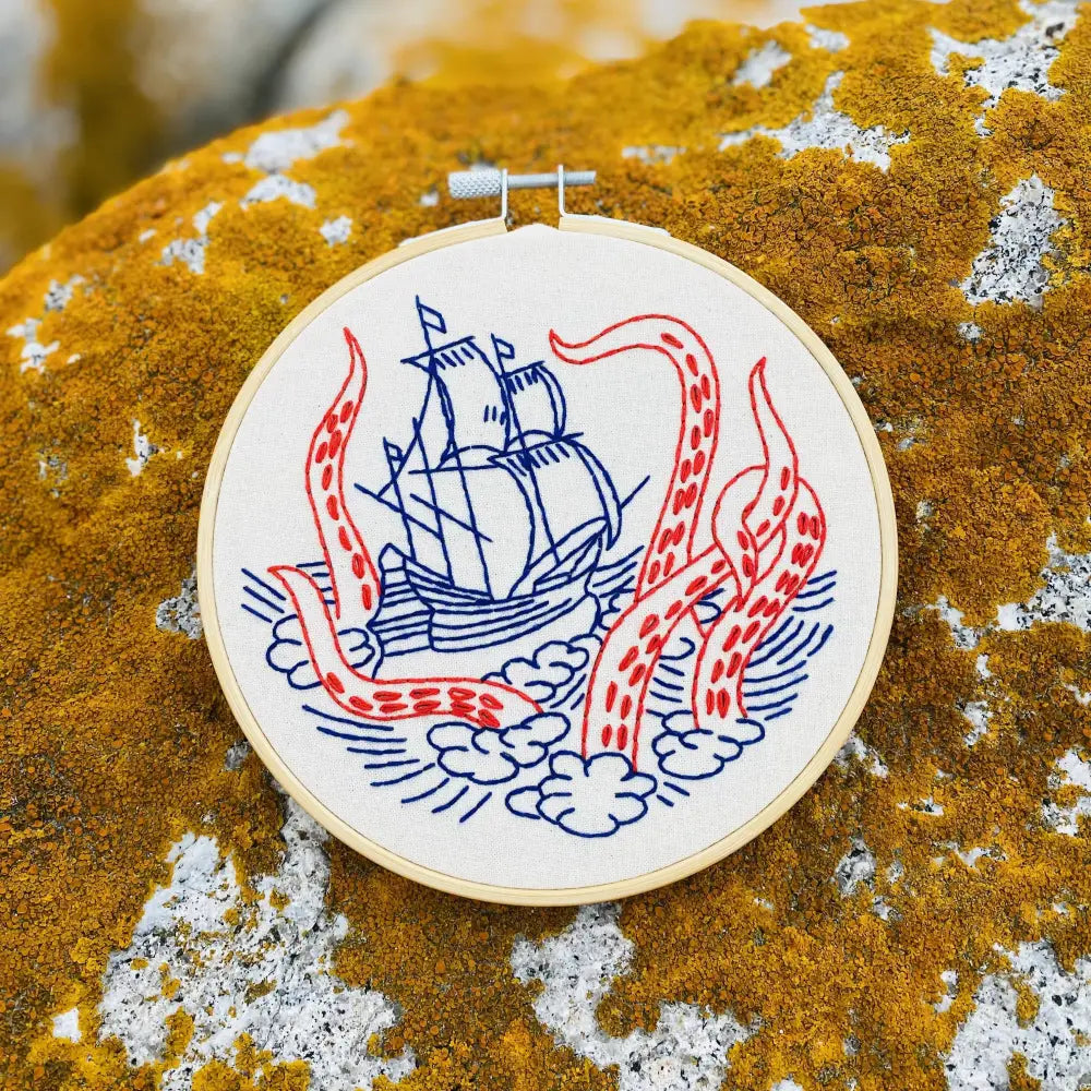 Hook Line & Tinker Embroidery Kits - Kraken and Ship Complete Kit - embroidered kraken ship