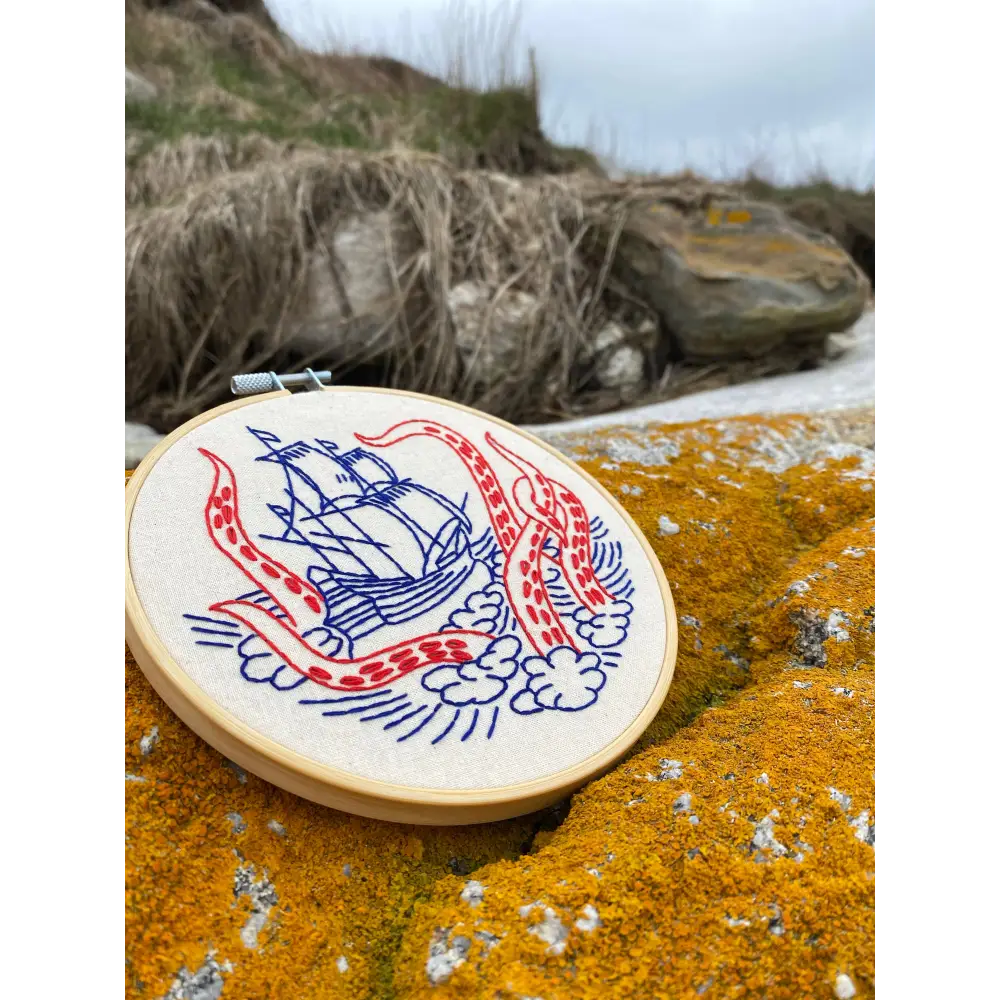 Hook Line & Tinker Embroidery Kits - Kraken and Ship Complete Kit - embroidered nautical scene