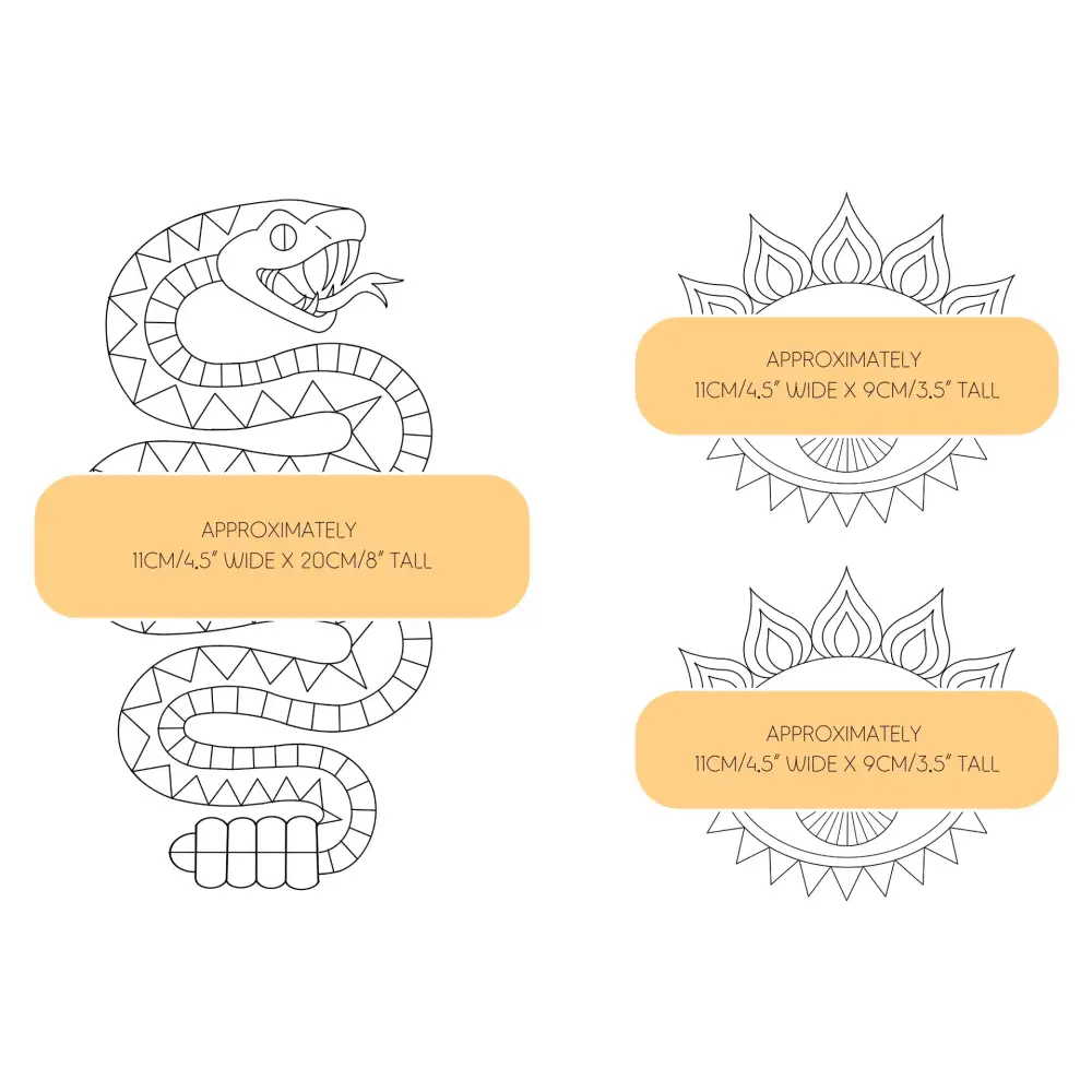 Hook Line & Tinker Embroidery Kits - Mystic Desert Stick and Stitch Bundle - snake sun outline designs size