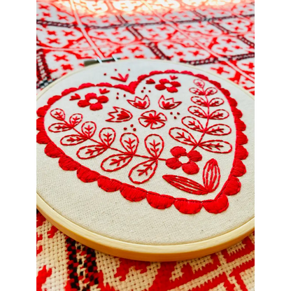Hook Line & Tinker Embroidery Kits - Nordic Heart Complete Kit - red floral heart embroidery hoop