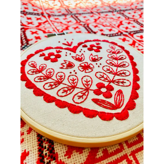 Hook Line & Tinker Embroidery Kits - Nordic Heart Complete Kit - red floral heart embroidery hoop