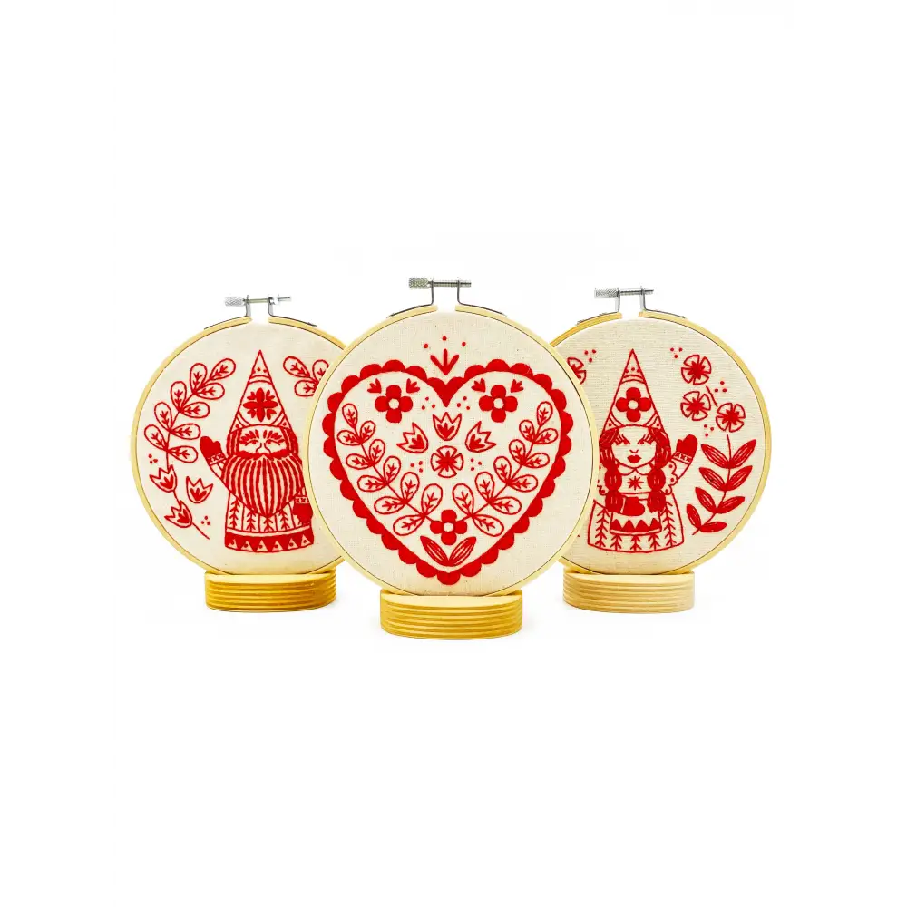 Hook Line & Tinker Embroidery Kits - Nordic Heart Complete Kit - three embroidered gnome-themed hoops