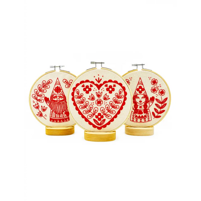Hook Line & Tinker Embroidery Kits - Nordic Heart Complete Kit - three embroidered gnome-themed hoops